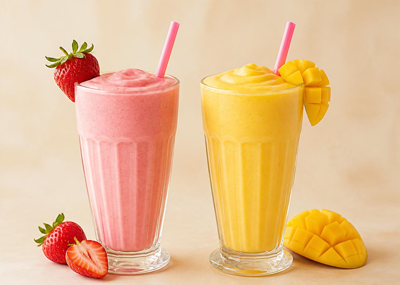 Strawberry and mango shakes side by side